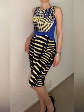 bebe Blue and Yellow Geometric Midi Sheath Dress